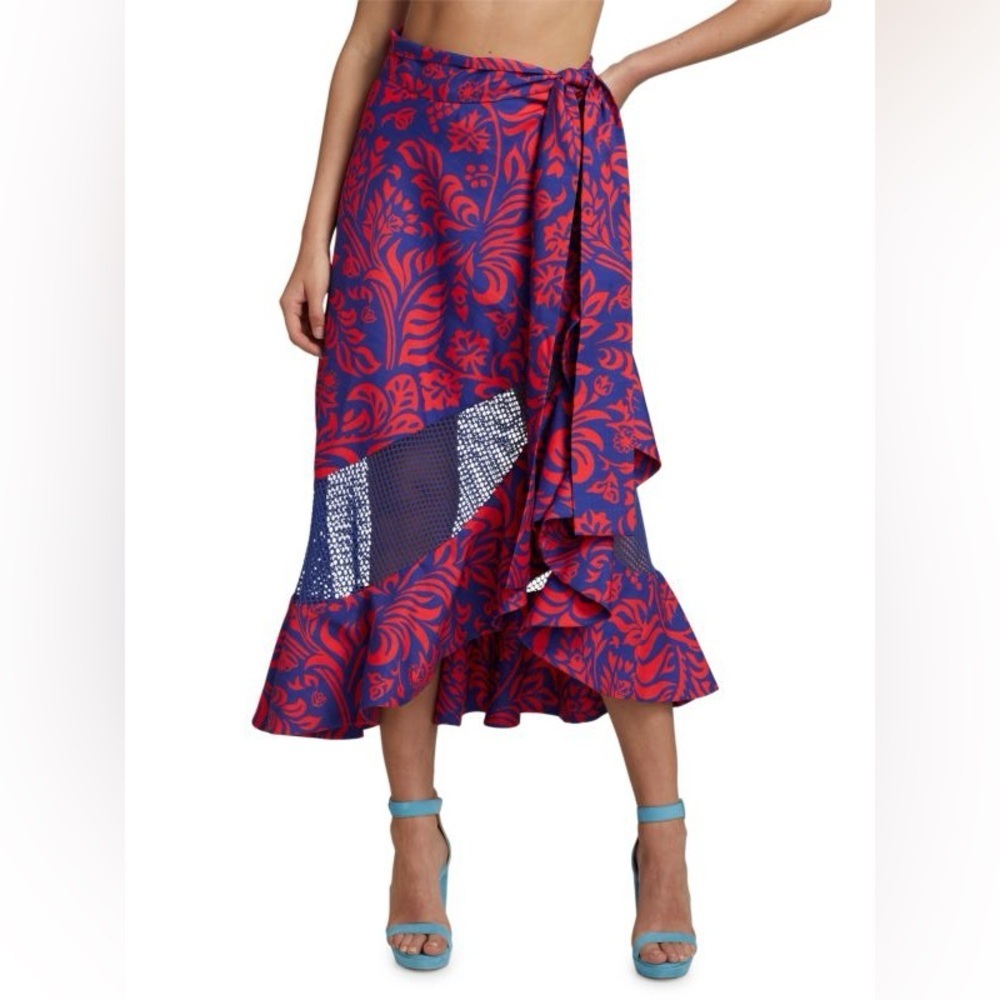 NWT PATBO Pua Ruffled Mesh-Panel Wrap Skirt Ivory/Green Palm Print Large - Picture 6 of 9